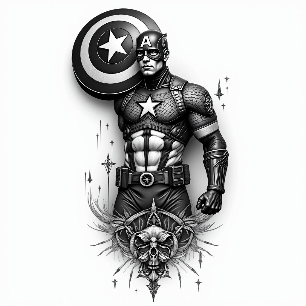 Captain America with his shield raisedin paganic style tattoo, featuring ancient symbols, add vegvisir symbol, mystical figures, incorporating designs, pentagrams, runes, crescent moons, - Variation 4
