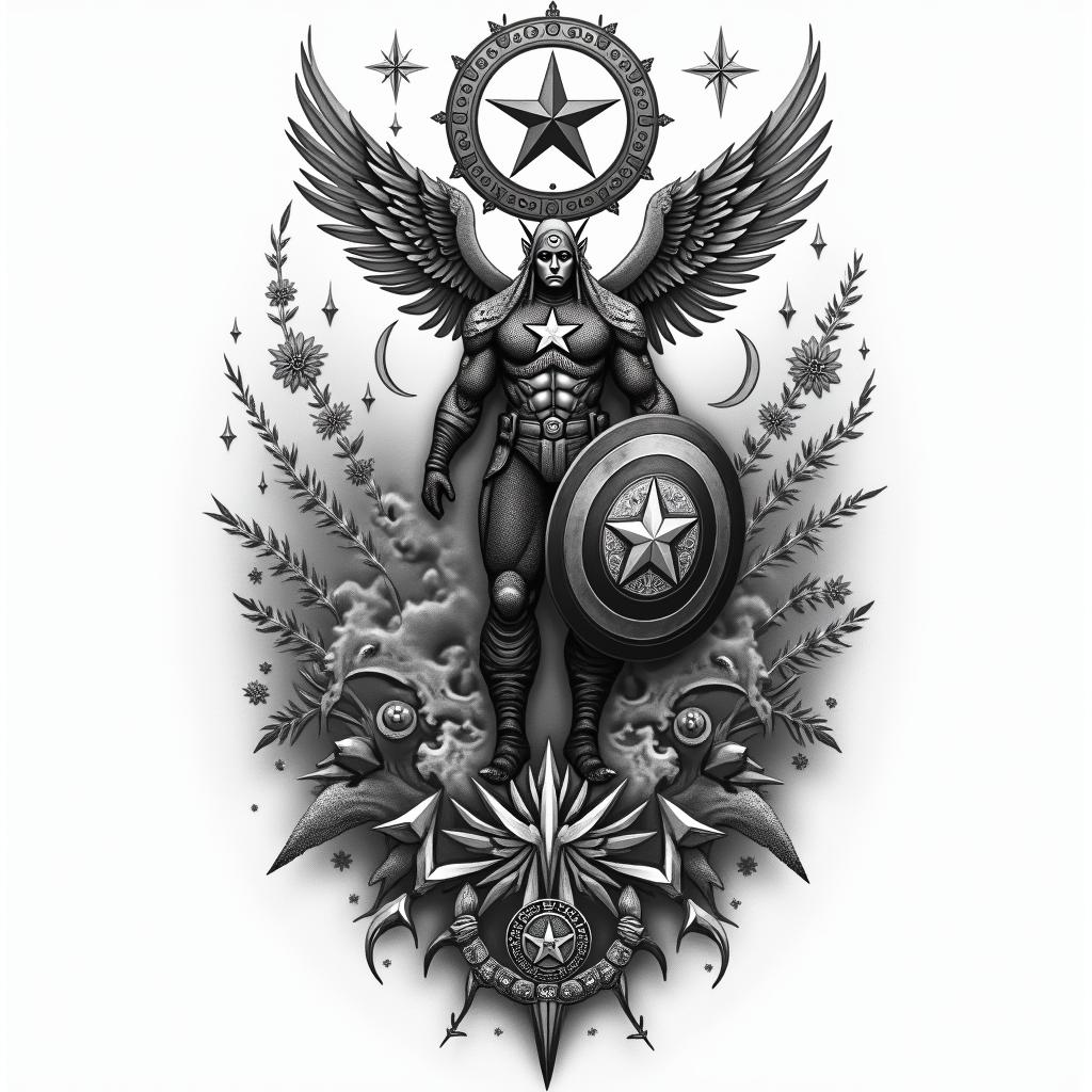 Captain America with his shield raisedin paganic style tattoo, featuring ancient symbols, add vegvisir symbol, mystical figures, incorporating designs, pentagrams, runes, crescent moons, - Variation 6