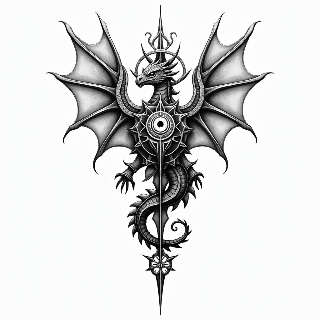 Lightweight Dragon battle 
armorin spiritual symbols tattoo style, featuring an intricate design incorporating elements, Hamsa hand, third eye, minimalist composition - Variation 2