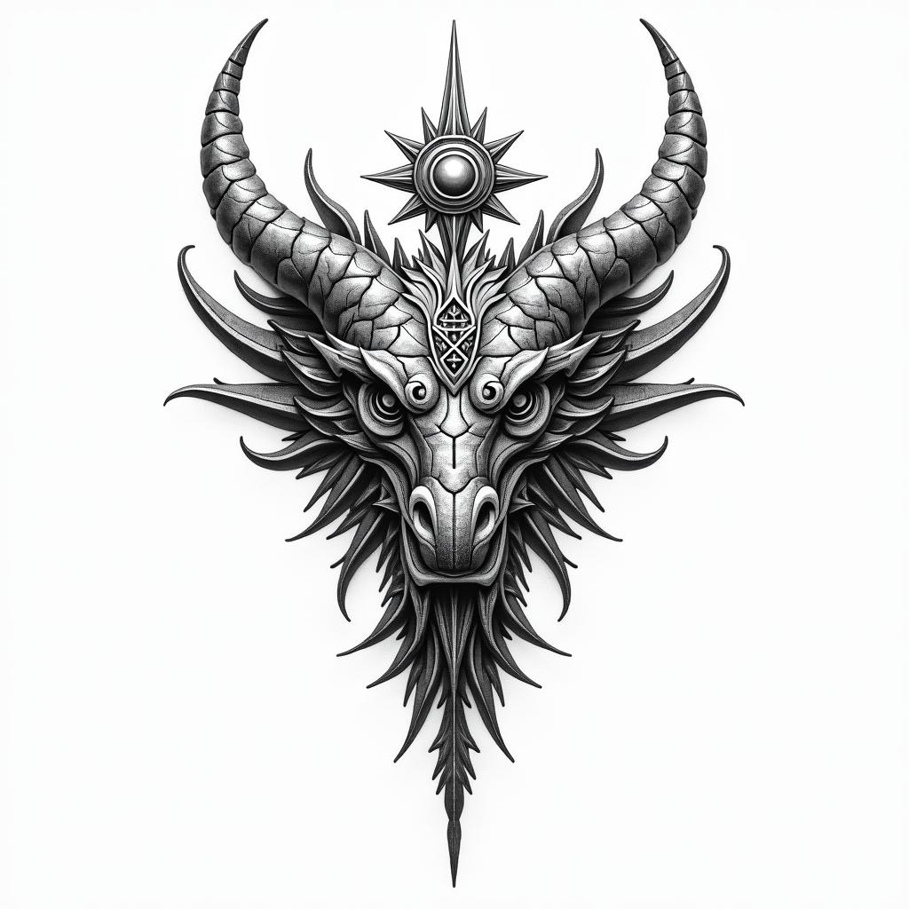 Lightweight Dragon battle 
armorin spiritual symbols tattoo style, featuring an intricate design incorporating elements, Hamsa hand, third eye, minimalist composition