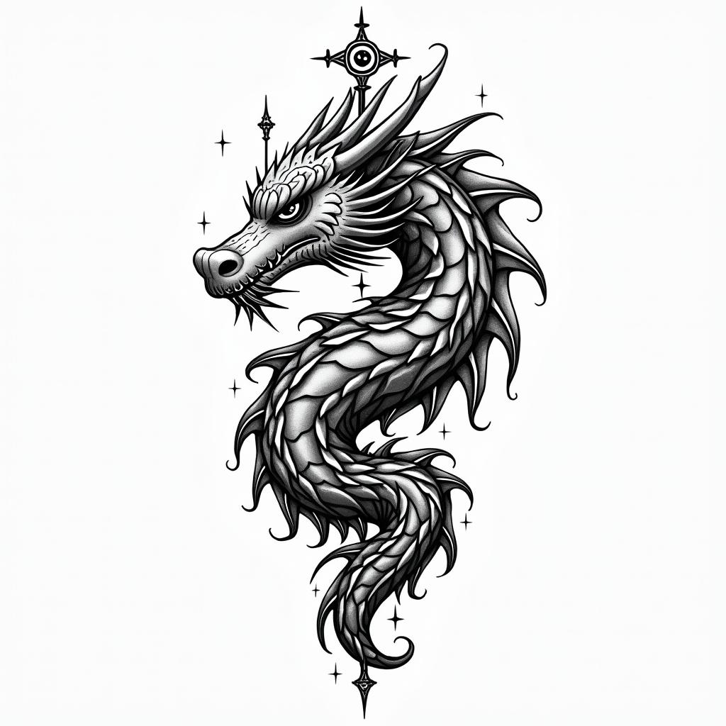 Lightweight Dragon battle 
armorin spiritual symbols tattoo style, featuring an intricate design incorporating elements, Hamsa hand, third eye, minimalist composition - Variation 4