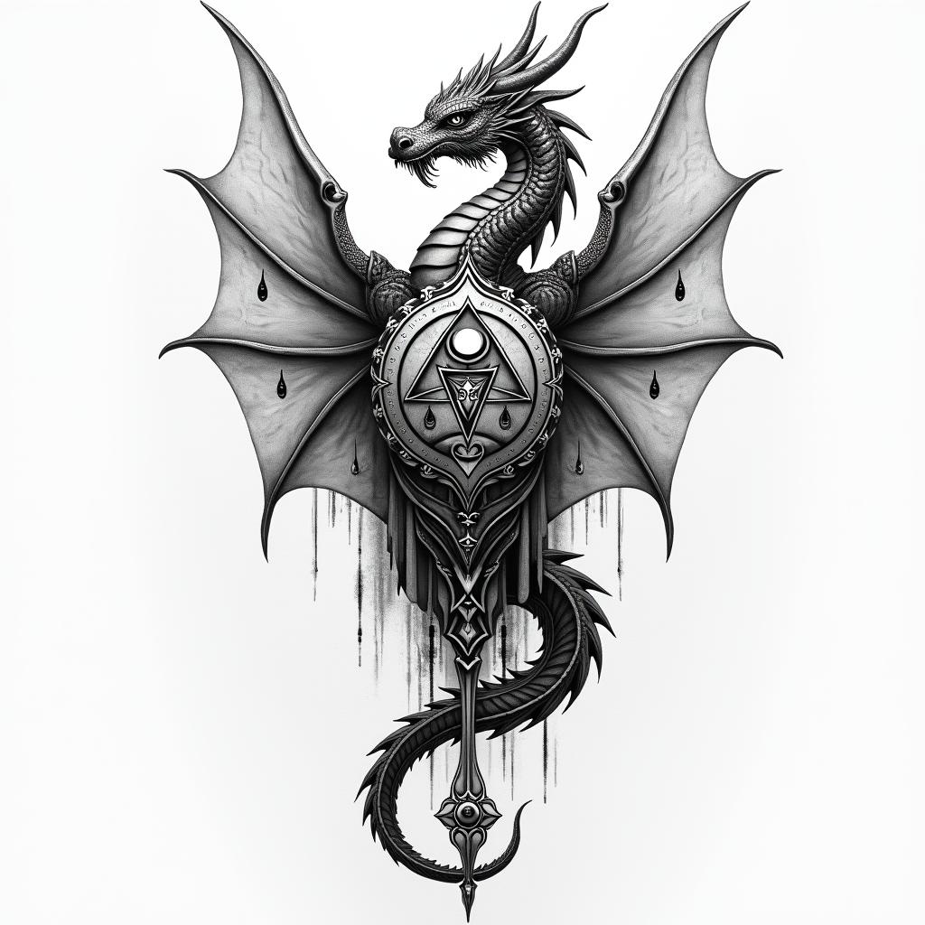 Lightweight Dragon battle 
armorin spiritual symbols tattoo style, featuring an intricate design incorporating elements, Hamsa hand, third eye, minimalist composition - Variation 3