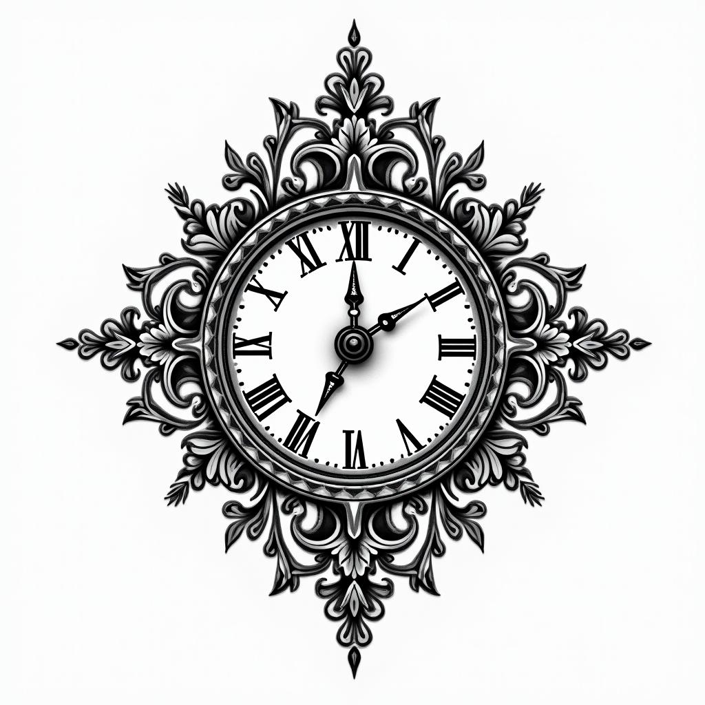 Broken clockin ornamental tattoo style, featuring intricate symmetrical patterns and floral designs, showcasing highly detailed line work and geometric shapes, creating a sense of elegance and balance - Variation 3