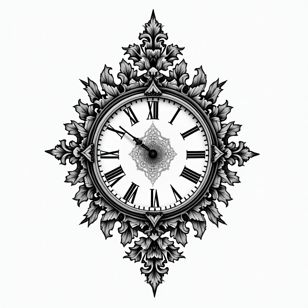 Broken clockin ornamental tattoo style, featuring intricate symmetrical patterns and floral designs, showcasing highly detailed line work and geometric shapes, creating a sense of elegance and balance - Variation 1