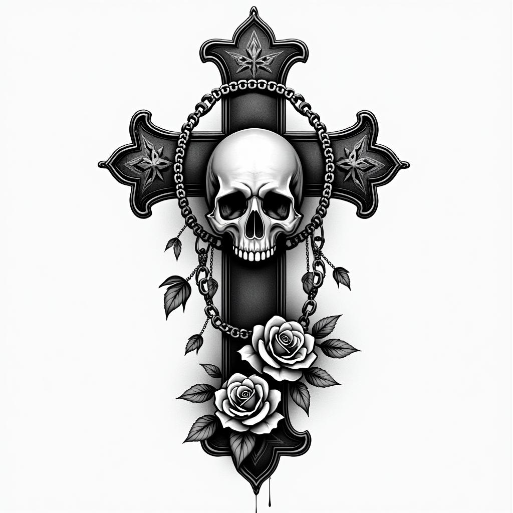 Melanie, conquered cancer, Aquarius,in chicano style tattoo, featuring intricate black and grey shading, bold elements of traditional chicano culture symbols, add a big cross with skull, chains and roses - Variation 2