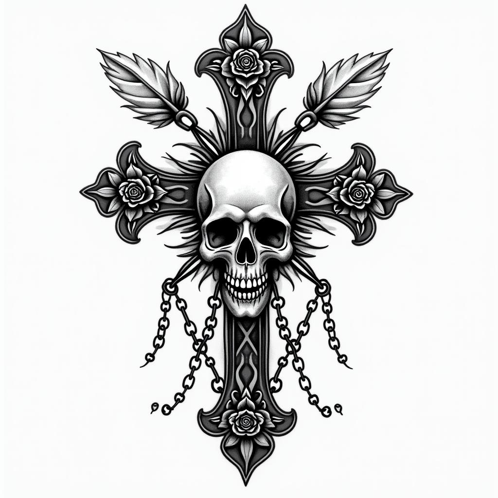 Melanie, conquered cancer, Aquarius,in chicano style tattoo, featuring intricate black and grey shading, bold elements of traditional chicano culture symbols, add a big cross with skull, chains and roses - Variation 3