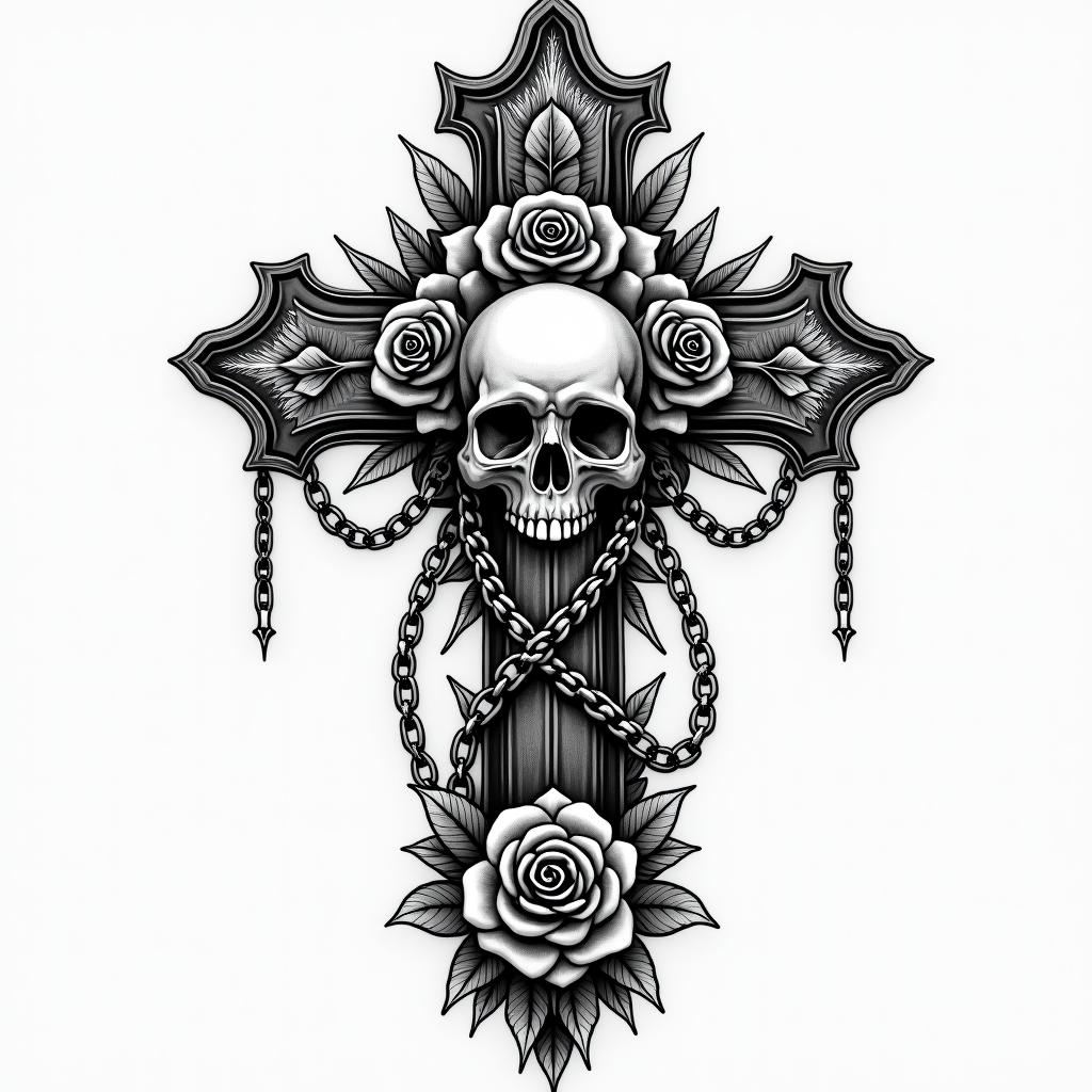 Melanie, conquered cancer, Aquarius,in chicano style tattoo, featuring intricate black and grey shading, bold elements of traditional chicano culture symbols, add a big cross with skull, chains and roses - Variation 4