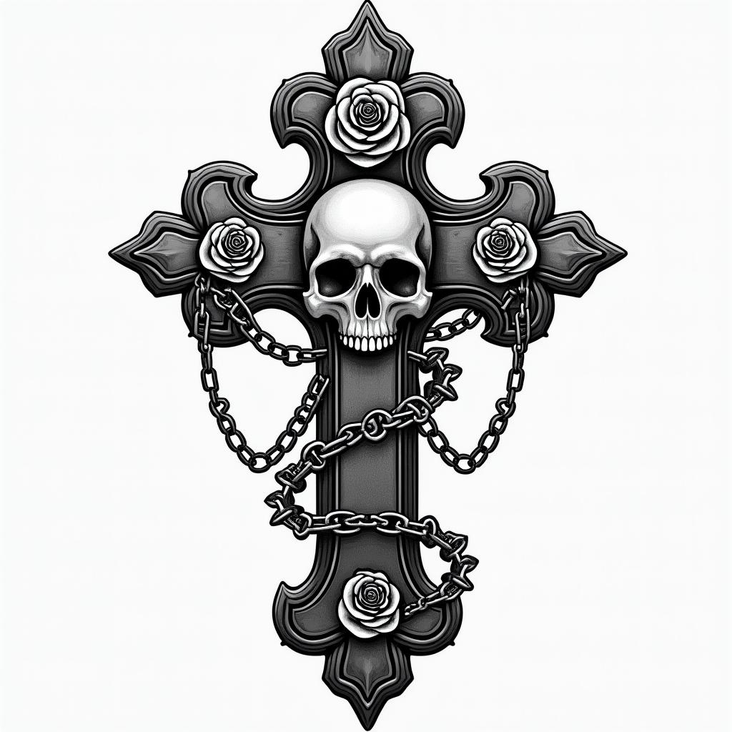 Melanie, conquered cancer, Aquarius,in chicano style tattoo, featuring intricate black and grey shading, bold elements of traditional chicano culture symbols, add a big cross with skull, chains and roses