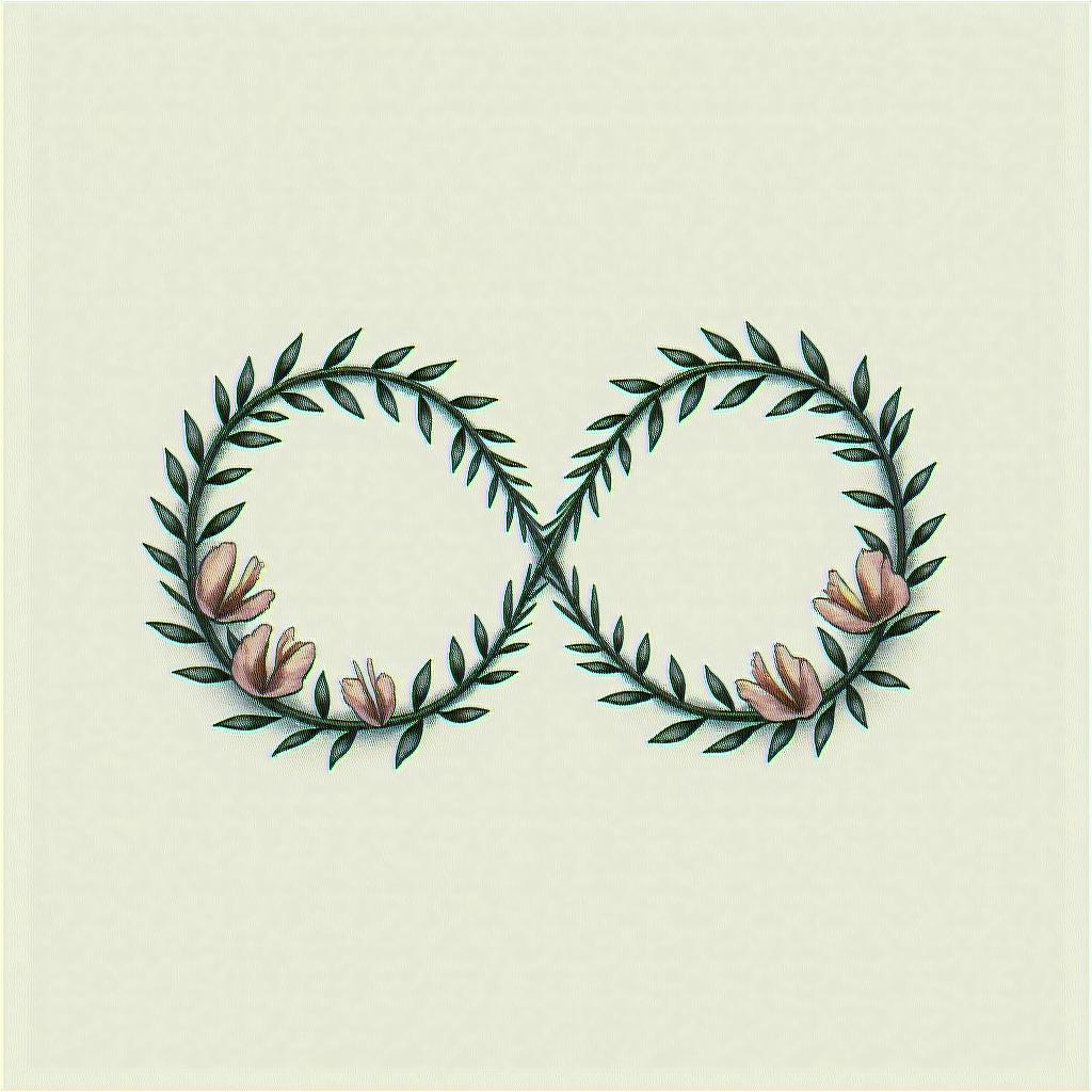 Infinity loop with the names Haley, Gabby, Kal-El & Arthur. Add flowers, 2 birds and color.in minimalist style tattoo, featuring simple shapes and fine lines, with minimal shading and details, tiny triangles, creating a sense of balance and harmony - Variation 12