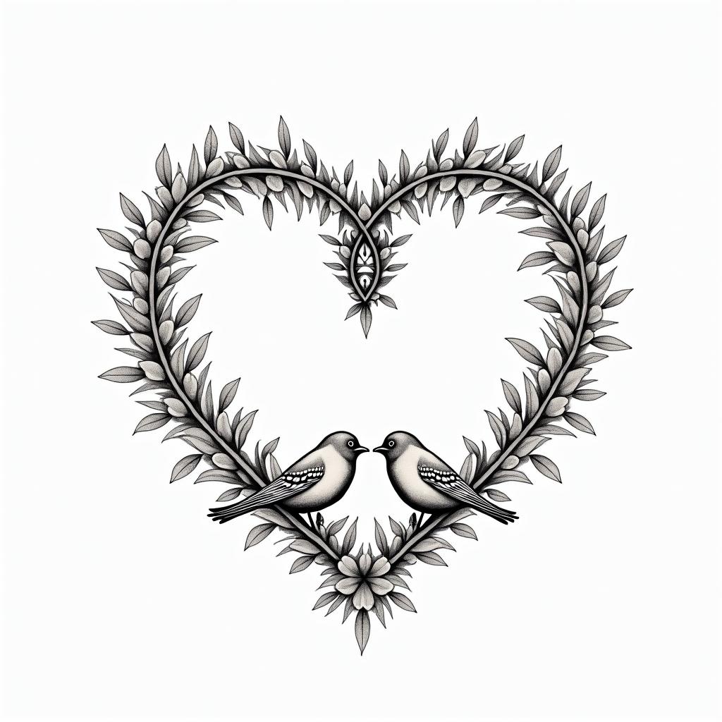 Infinity loop with the names Haley, Gabby, Kal-El & Arthur. Add flowers, 2 birds and color.in minimalist style tattoo, featuring simple shapes and fine lines, with minimal shading and details, tiny triangles, creating a sense of balance and harmony - Variation 11