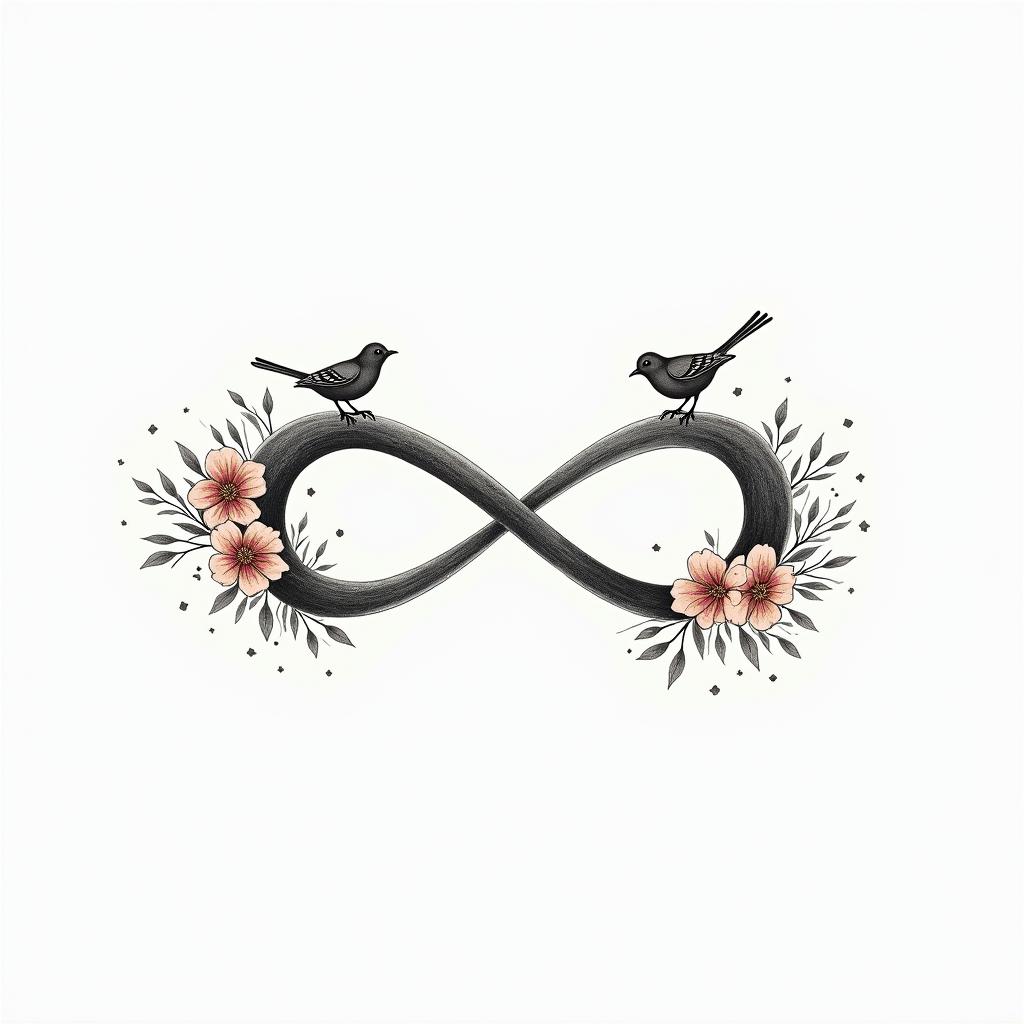 Infinity loop with the names Haley, Gabby, Kal-El & Arthur. Add flowers, 2 birds and color.in minimalist style tattoo, featuring simple shapes and fine lines, with minimal shading and details, tiny triangles, creating a sense of balance and harmony - Variation 10