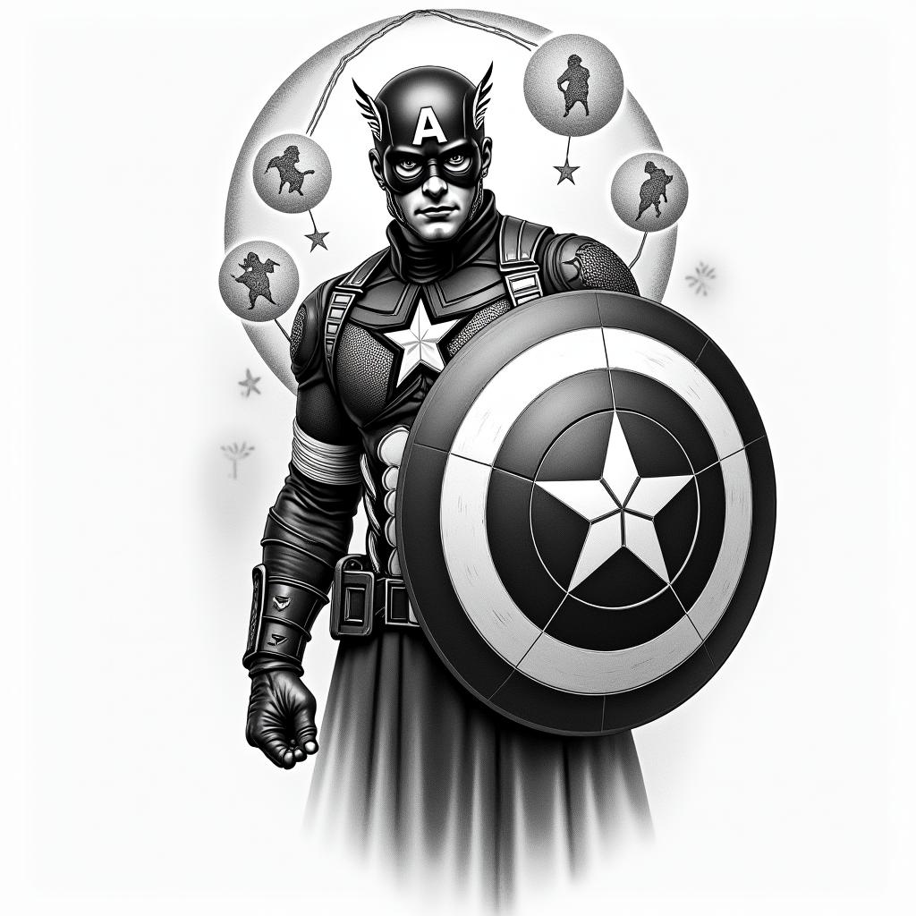 Captain America with his shield raisedin paganic style tattoo, featuring ancient symbols, add vegvisir symbol, mystical figures, incorporating designs, pentagrams, runes, crescent moons, - Variation 3