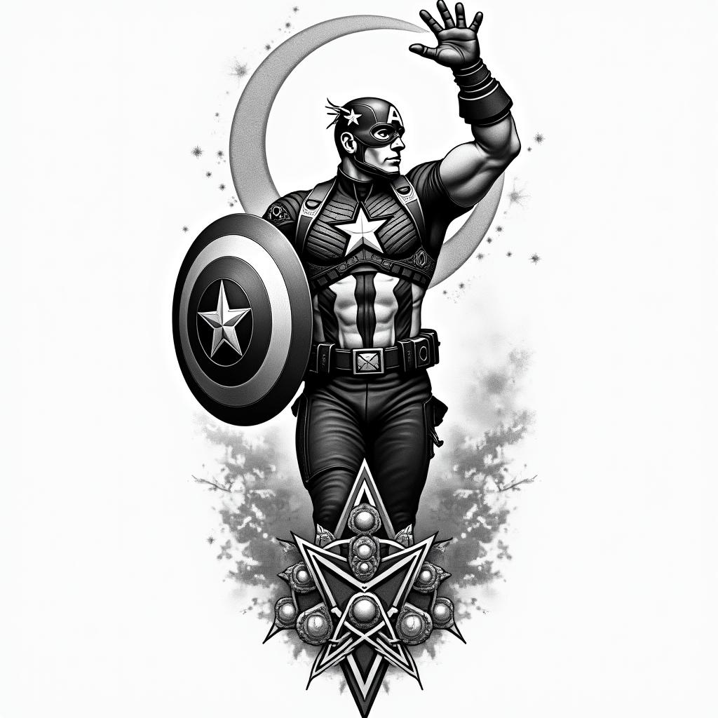 Captain America with his shield raisedin paganic style tattoo, featuring ancient symbols, add vegvisir symbol, mystical figures, incorporating designs, pentagrams, runes, crescent moons, - Variation 2