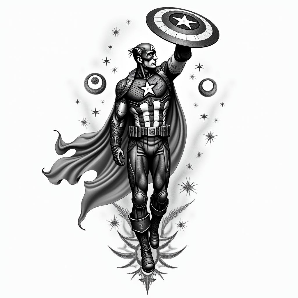 Captain America with his shield raisedin paganic style tattoo, featuring ancient symbols, add vegvisir symbol, mystical figures, incorporating designs, pentagrams, runes, crescent moons,