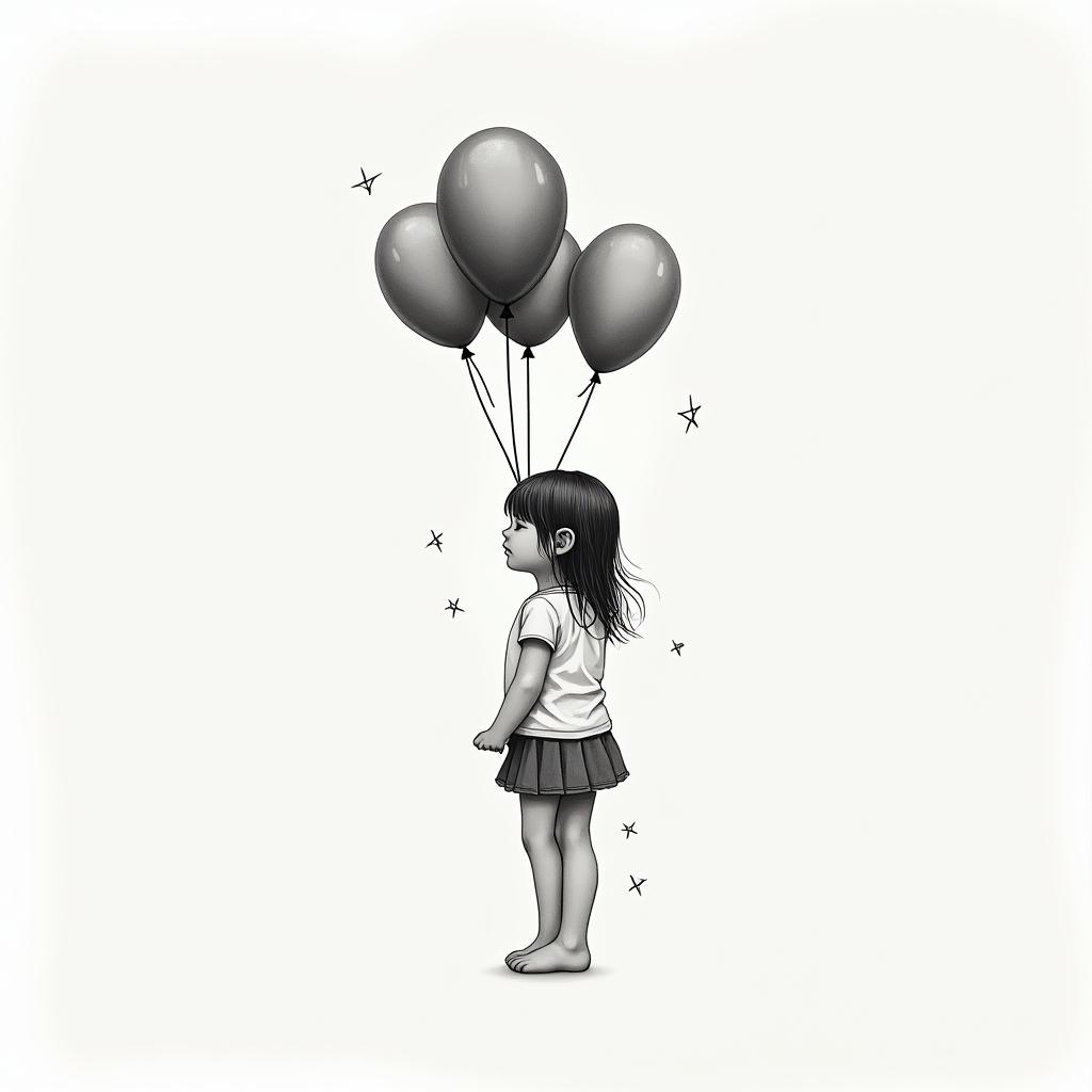 A girl with balloons tied to her shirt
in minimalist style tattoo, featuring simple shapes and fine lines, with minimal shading and details, tiny triangles, creating a sense of balance and harmony - Variation 2