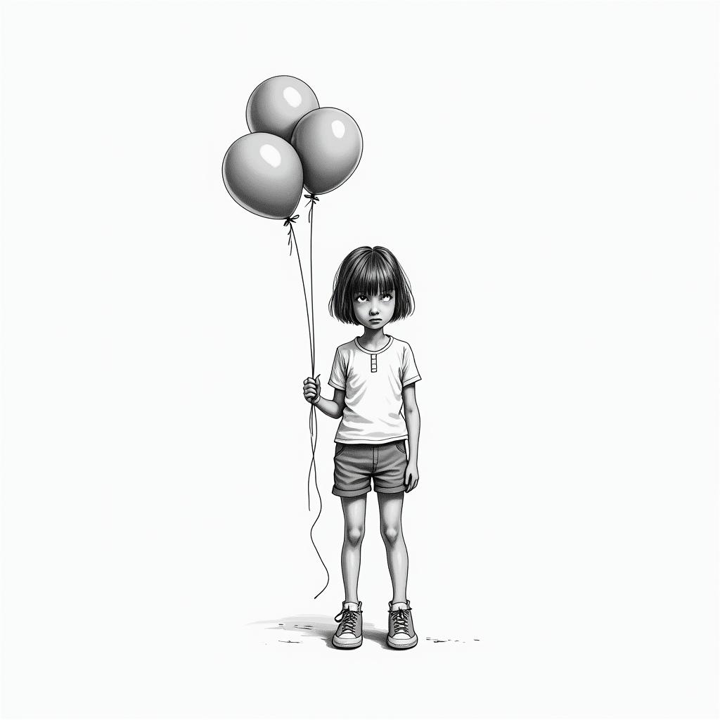 A girl with balloons tied to her shirt
in minimalist style tattoo, featuring simple shapes and fine lines, with minimal shading and details, tiny triangles, creating a sense of balance and harmony - Variation 6