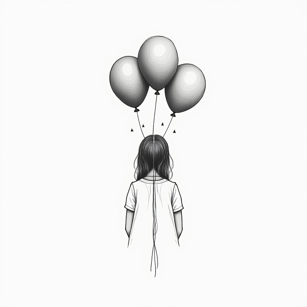 A girl with balloons tied to her shirt
in minimalist style tattoo, featuring simple shapes and fine lines, with minimal shading and details, tiny triangles, creating a sense of balance and harmony - Variation 3