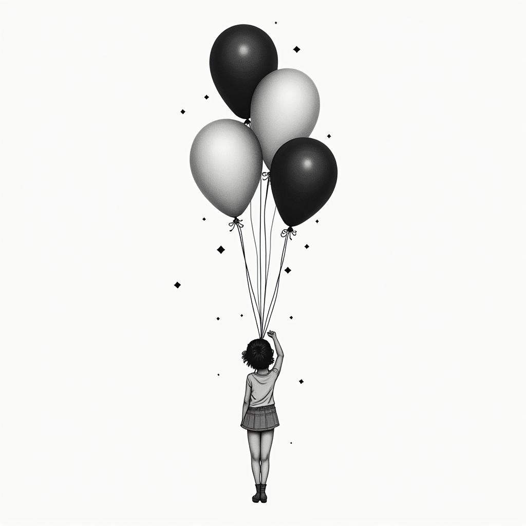 A girl with balloons tied to her shirt
in minimalist style tattoo, featuring simple shapes and fine lines, with minimal shading and details, tiny triangles, creating a sense of balance and harmony