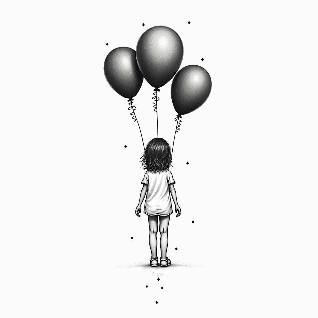A girl with balloons tied to her shirt
in minimalist style tattoo, featuring simple shapes and fine lines, with minimal shading and details, tiny triangles, creating a sense of balance and harmony - Variation 4