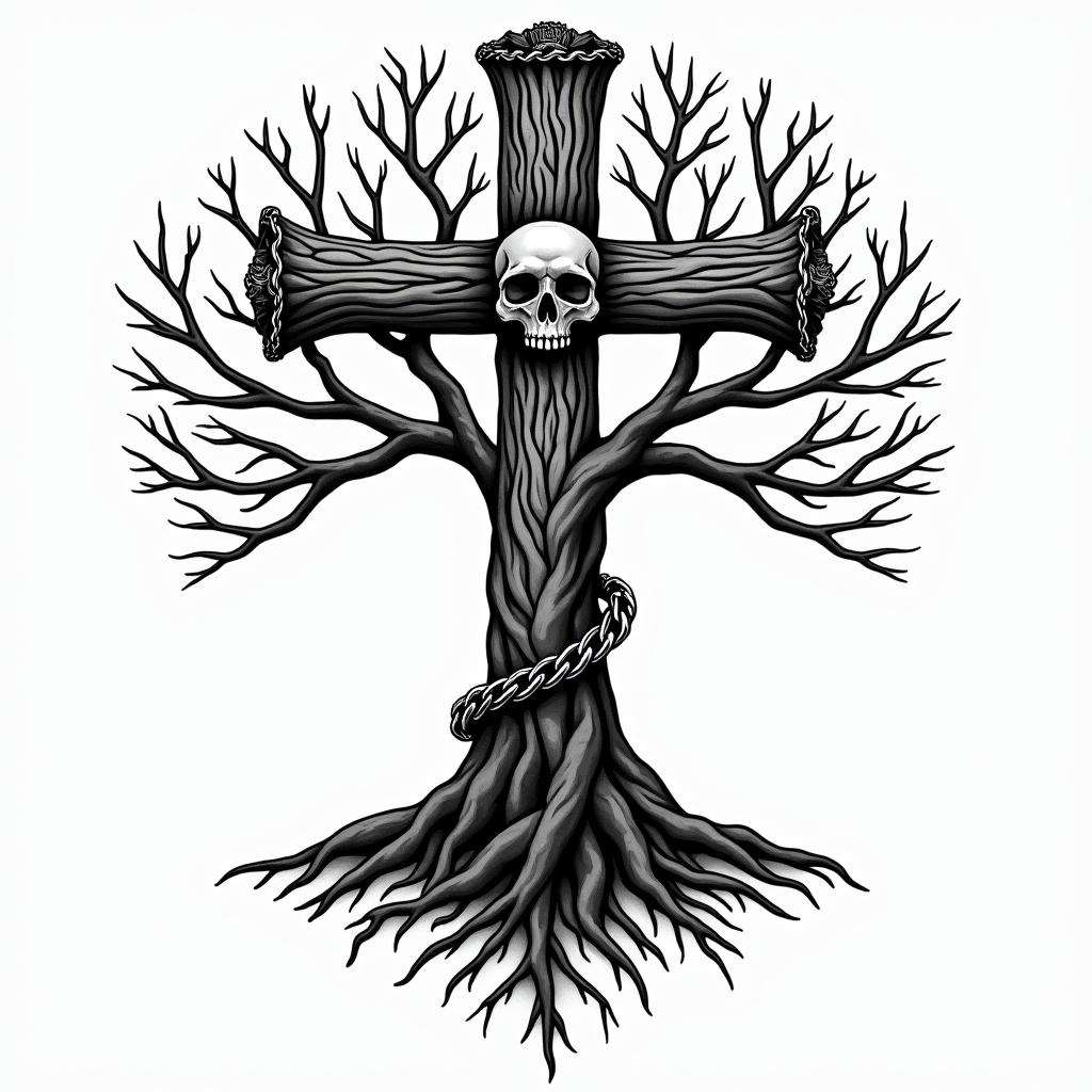 Tree of life with roots and branchesin chicano style tattoo, featuring intricate black and grey shading, bold elements of traditional chicano culture symbols, add a big cross with skull, chains and roses - Variation 11