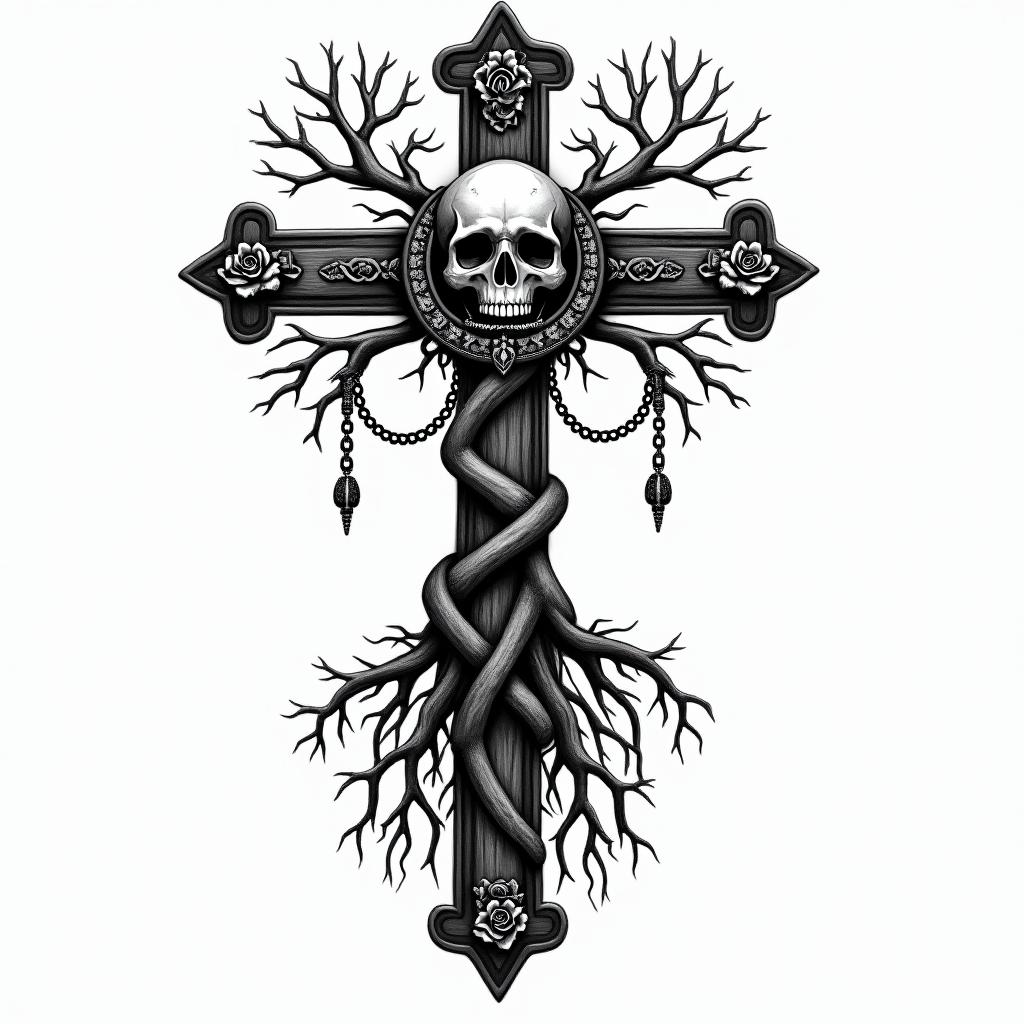 Tree of life with roots and branchesin chicano style tattoo, featuring intricate black and grey shading, bold elements of traditional chicano culture symbols, add a big cross with skull, chains and roses - Variation 10