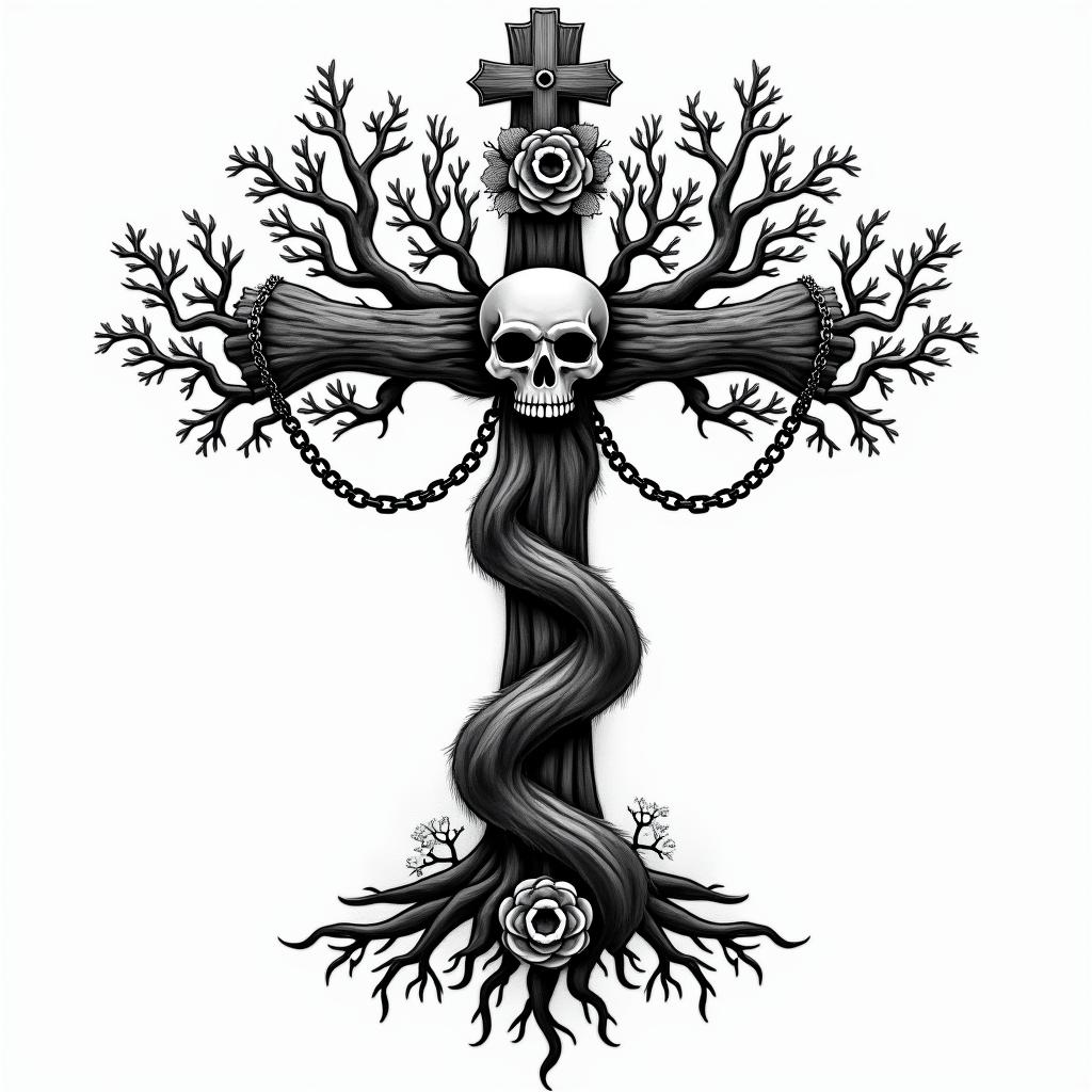 Tree of life with roots and branchesin chicano style tattoo, featuring intricate black and grey shading, bold elements of traditional chicano culture symbols, add a big cross with skull, chains and roses - Variation 9