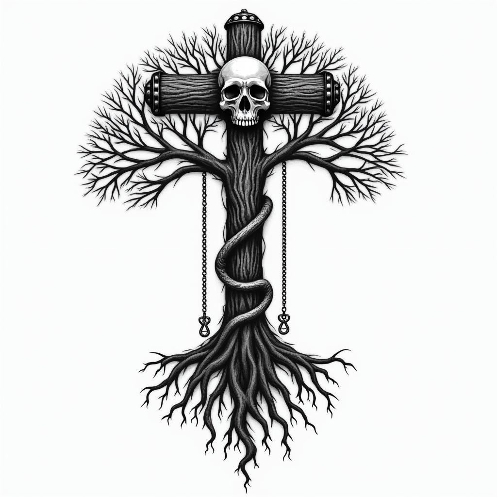 Tree of life with roots and branchesin chicano style tattoo, featuring intricate black and grey shading, bold elements of traditional chicano culture symbols, add a big cross with skull, chains and roses - Variation 12