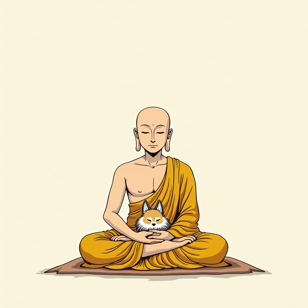 During his meditation, Buddha is protected by a kitsune.Ghibli, Studio Ghibli aesthetic, hand-drawn anime style, retro nostalgic atmosphere, retro soft pastel color palette with earthy tones, retro Japanese cinematic shot, yellow tint effect, bald character, smooth surface, anime shadow 90's anime style - Variation 2