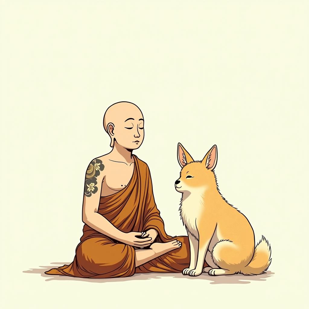 During his meditation, Buddha is protected by a kitsune.Ghibli, Studio Ghibli aesthetic, hand-drawn anime style, retro nostalgic atmosphere, retro soft pastel color palette with earthy tones, retro Japanese cinematic shot, yellow tint effect, bald character, smooth surface, anime shadow 90's anime style - Variation 3