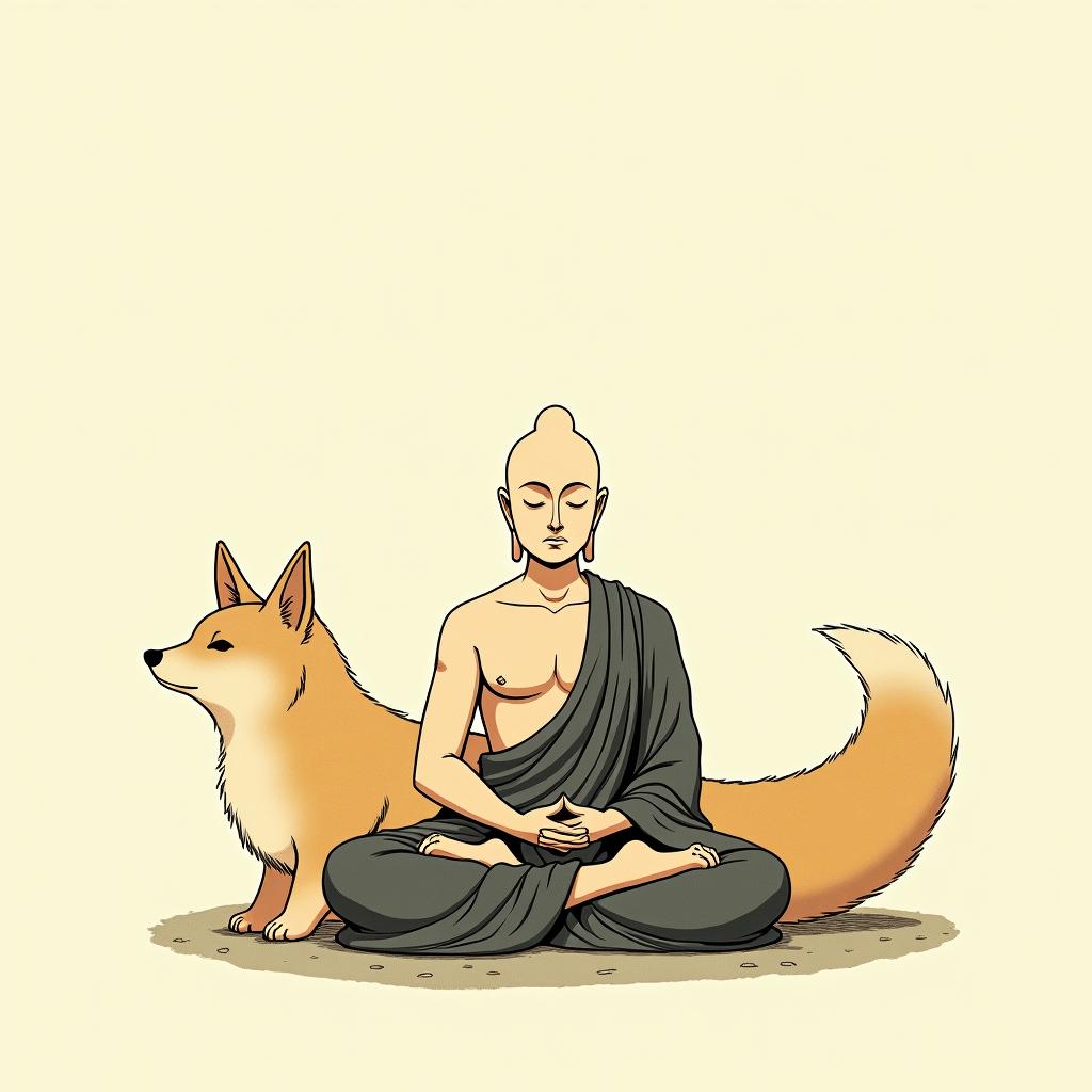 During his meditation, Buddha is protected by a kitsune.Ghibli, Studio Ghibli aesthetic, hand-drawn anime style, retro nostalgic atmosphere, retro soft pastel color palette with earthy tones, retro Japanese cinematic shot, yellow tint effect, bald character, smooth surface, anime shadow 90's anime style