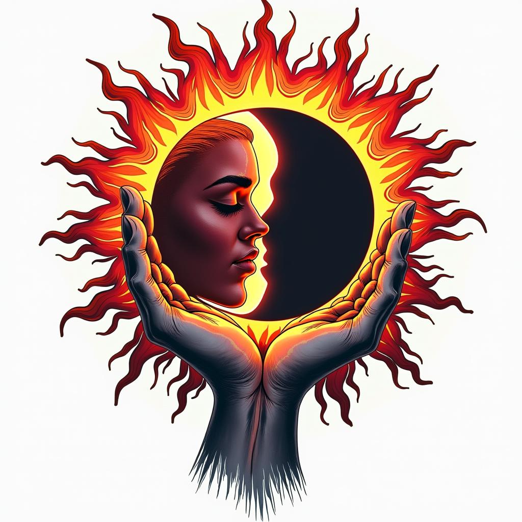 Solar eclipse, love, foreverin pop art style tattoo, featuring bold and vibrant colors, exaggerated outlines, iconic imagery, inspired by comic books and speech bubbles, comic book characters, retro pop culture - Variation 2