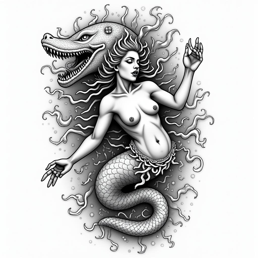 A goddess turning into medusa with tongue outin japanese style tattoo, detailed tattoo, traditional japanese culture tattoo, mythology, 8k - Variation 4