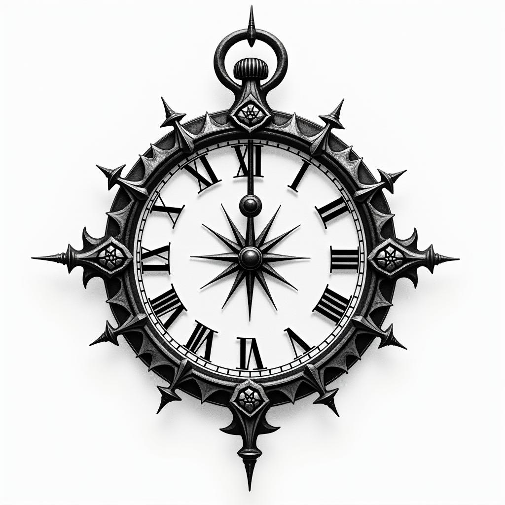 Broken clockin paganic style tattoo, featuring ancient symbols, add vegvisir symbol, mystical figures, incorporating designs, pentagrams, runes, crescent moons, - Variation 2