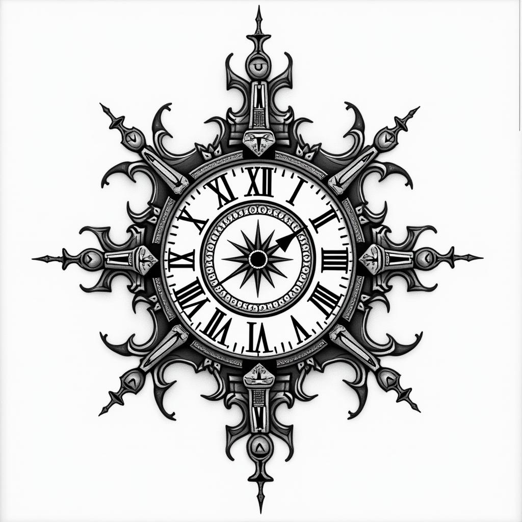 Broken clockin paganic style tattoo, featuring ancient symbols, add vegvisir symbol, mystical figures, incorporating designs, pentagrams, runes, crescent moons, - Variation 4
