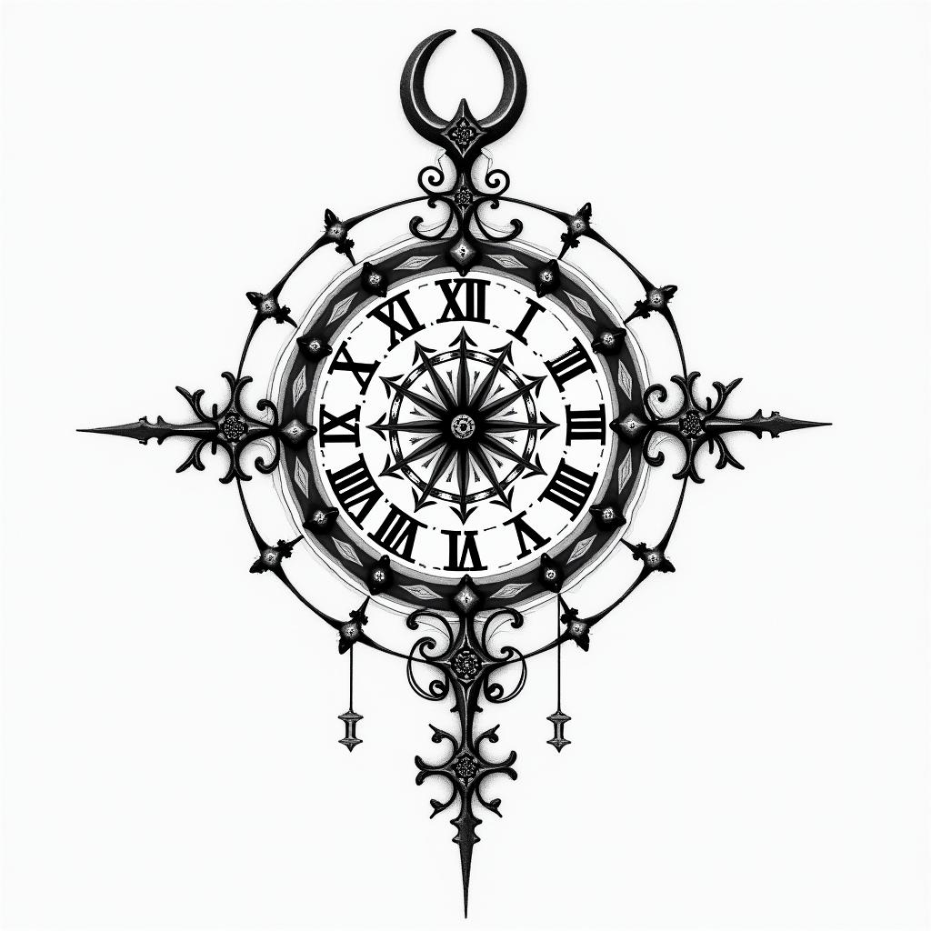 Broken clockin paganic style tattoo, featuring ancient symbols, add vegvisir symbol, mystical figures, incorporating designs, pentagrams, runes, crescent moons,