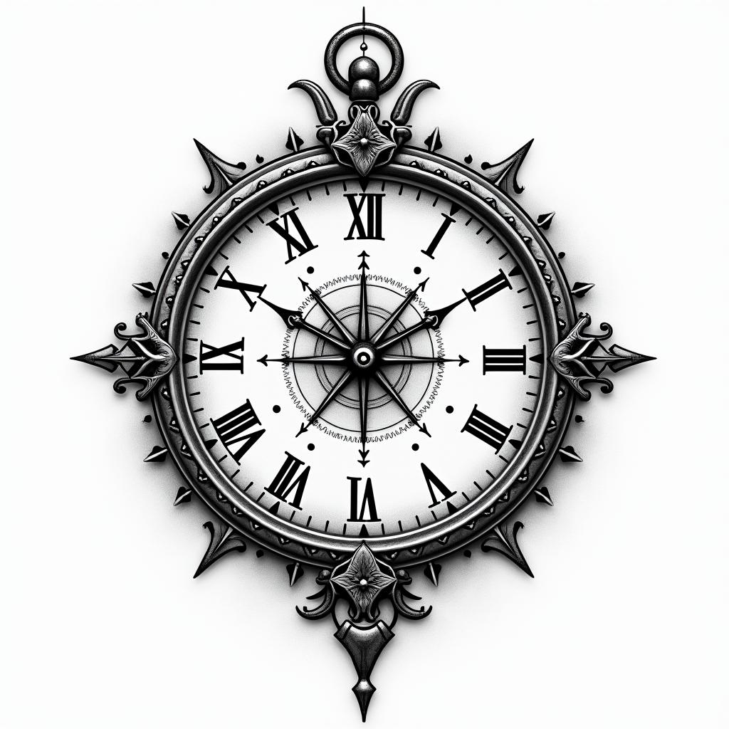 Broken clockin paganic style tattoo, featuring ancient symbols, add vegvisir symbol, mystical figures, incorporating designs, pentagrams, runes, crescent moons, - Variation 3