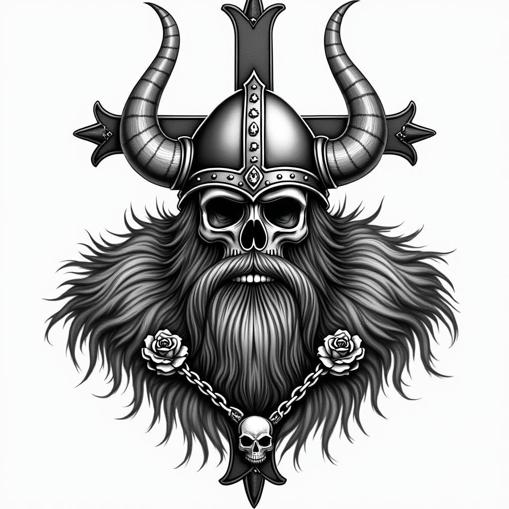 Fierce Viking with intricate helmet designin chicano style tattoo, featuring intricate black and grey shading, bold elements of traditional chicano culture symbols, add a big cross with skull, chains and roses - Variation 2