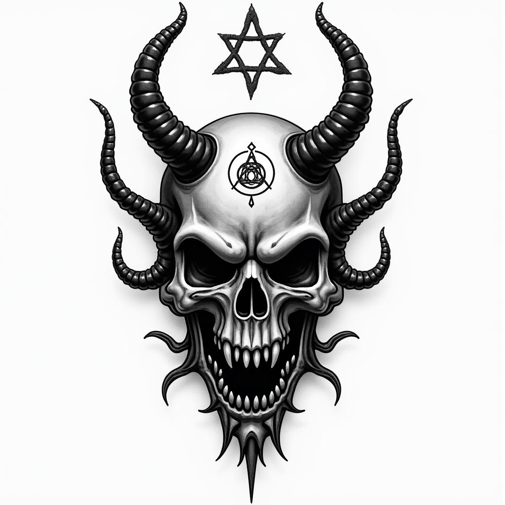 Make me a tattoo design with M M and the words “I am second” and 1969-2020creepy horror tattoo style, featuring an eerie and unsettling skull of a demonic creature, distorted face with sharp fangs, add pentagram symbol - Variation 3