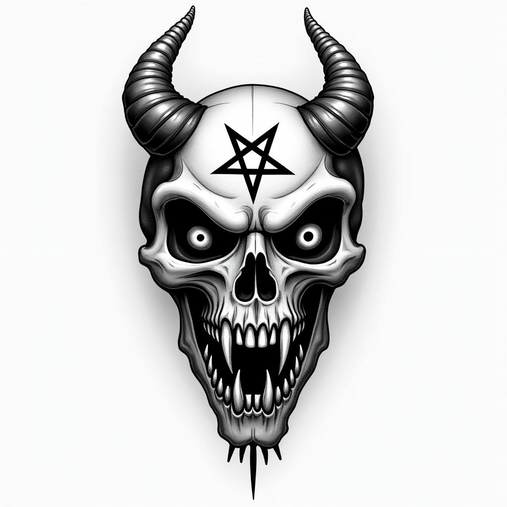 Make me a tattoo design with M M and the words “I am second” and 1969-2020creepy horror tattoo style, featuring an eerie and unsettling skull of a demonic creature, distorted face with sharp fangs, add pentagram symbol - Variation 2