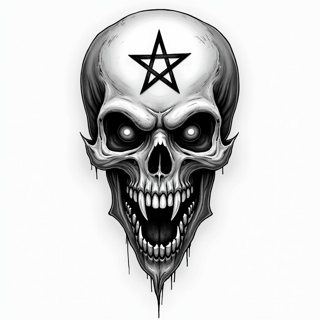 Make me a tattoo design with M M and the words “I am second” and 1969-2020creepy horror tattoo style, featuring an eerie and unsettling skull of a demonic creature, distorted face with sharp fangs, add pentagram symbol
