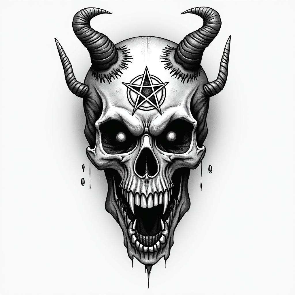 Make me a tattoo design with M M and the words “I am second” and 1969-2020creepy horror tattoo style, featuring an eerie and unsettling skull of a demonic creature, distorted face with sharp fangs, add pentagram symbol - Variation 4