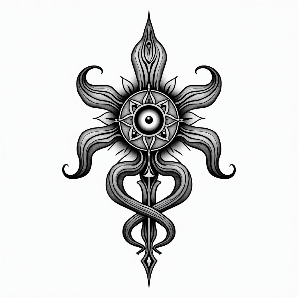 Denise, twins, May 21, 1991, Bielefeldin spiritual symbols tattoo style, featuring an intricate design incorporating elements, Hamsa hand, third eye, minimalist composition - Variation 2