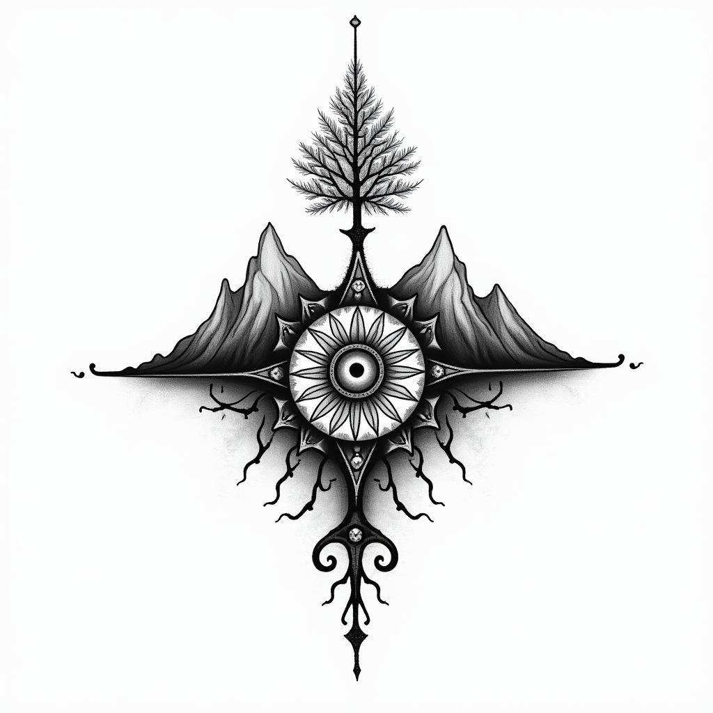 Compass mountains and tree clave tattooin spiritual symbols tattoo style, featuring an intricate design incorporating elements, Hamsa hand, third eye, minimalist composition - Variation 3