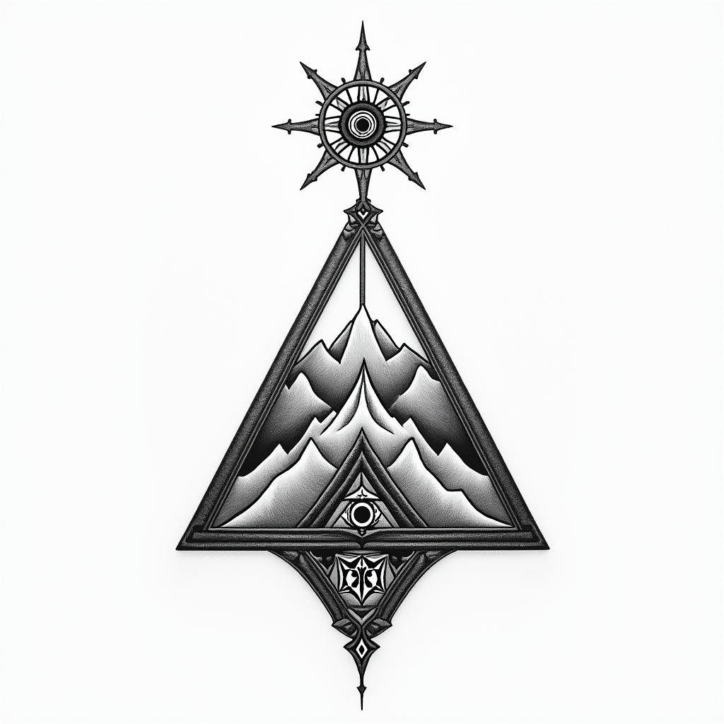 Compass mountains and tree clave tattooin spiritual symbols tattoo style, featuring an intricate design incorporating elements, Hamsa hand, third eye, minimalist composition - Variation 2