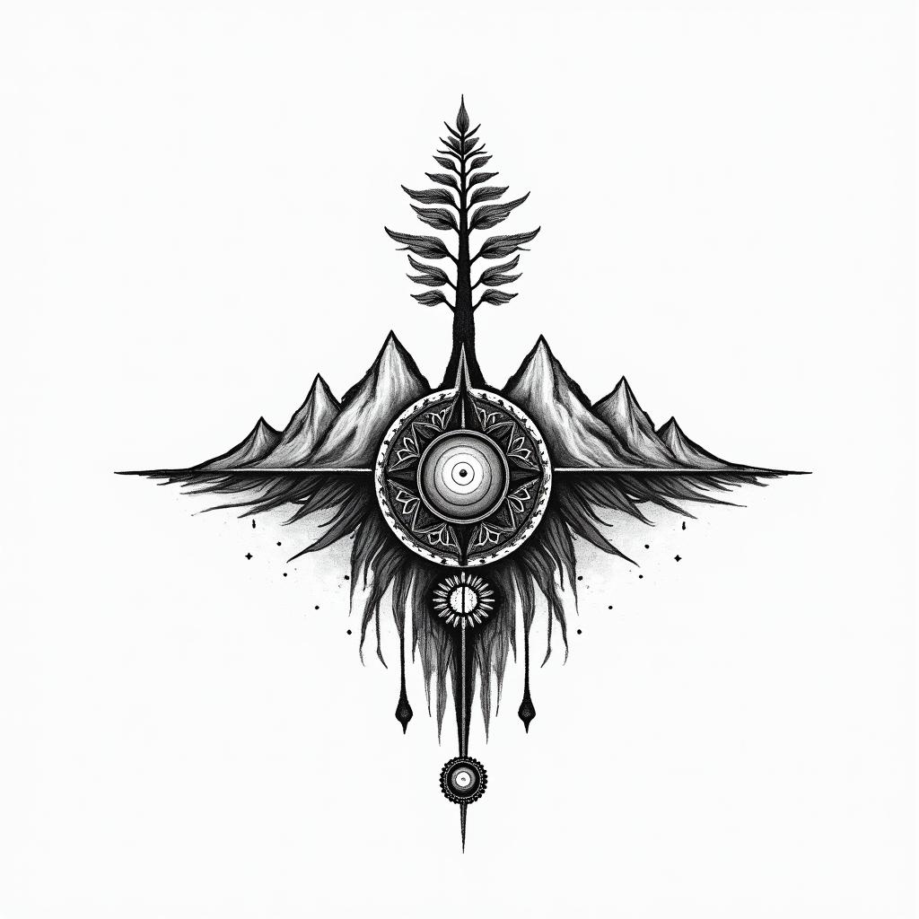 Compass mountains and tree clave tattooin spiritual symbols tattoo style, featuring an intricate design incorporating elements, Hamsa hand, third eye, minimalist composition