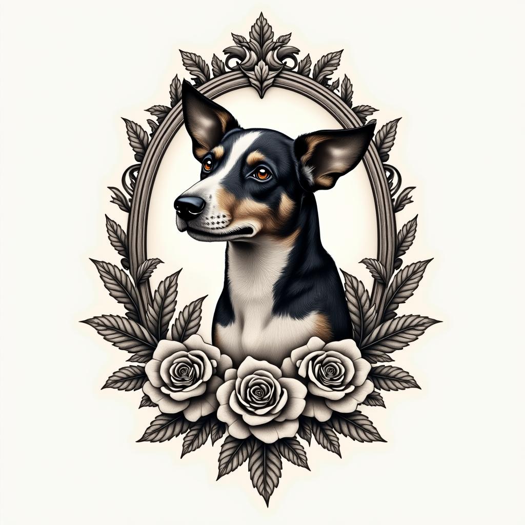 Missouri. Dog.in victorian style tattoo, featuring vintage and elegant elements, ornate frames, roses, antique, sepia-toned color scheme - Variation 3
