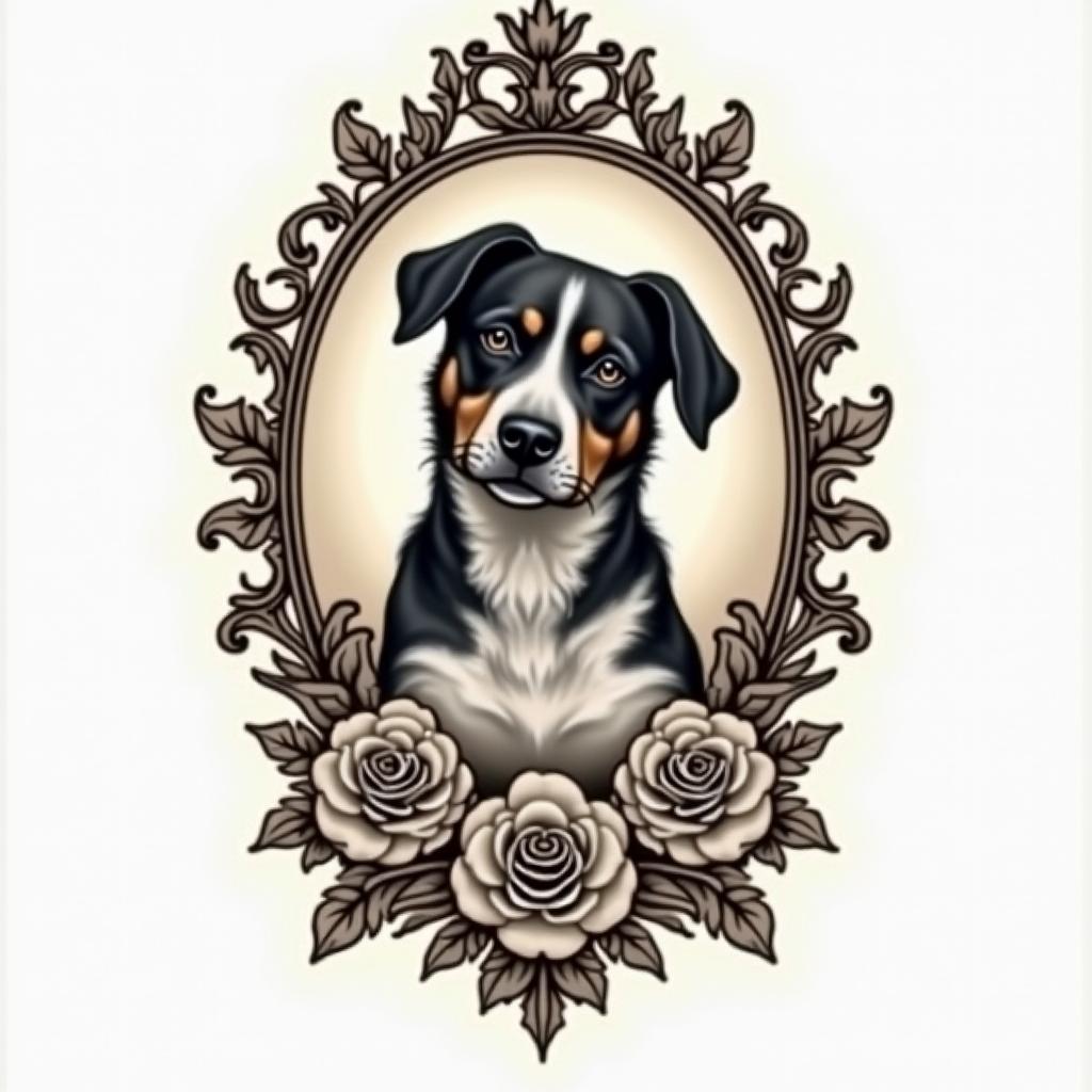 Missouri. Dog.in victorian style tattoo, featuring vintage and elegant elements, ornate frames, roses, antique, sepia-toned color scheme