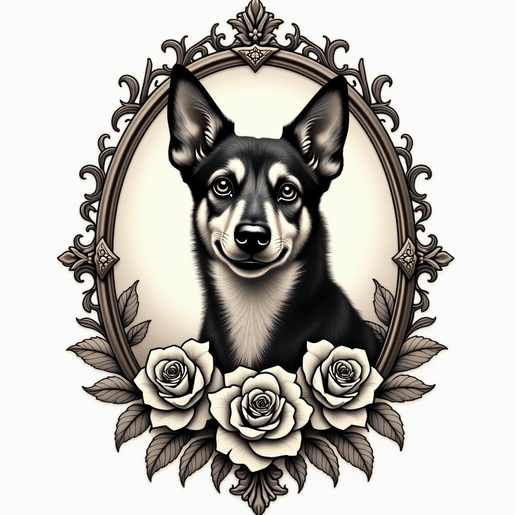 Missouri. Dog.in victorian style tattoo, featuring vintage and elegant elements, ornate frames, roses, antique, sepia-toned color scheme - Variation 4
