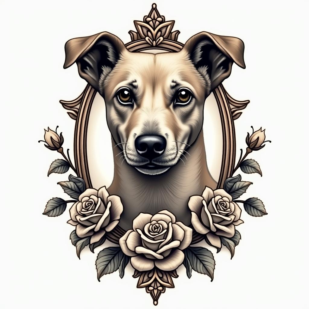 Missouri. Dog.in victorian style tattoo, featuring vintage and elegant elements, ornate frames, roses, antique, sepia-toned color scheme - Variation 2