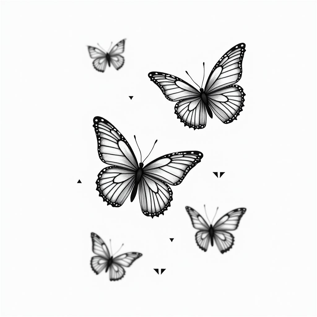 Four butterflies with curvy lines in the backgroundin minimalist style tattoo, featuring simple shapes and fine lines, with minimal shading and details, tiny triangles, creating a sense of balance and harmony - Variation 3
